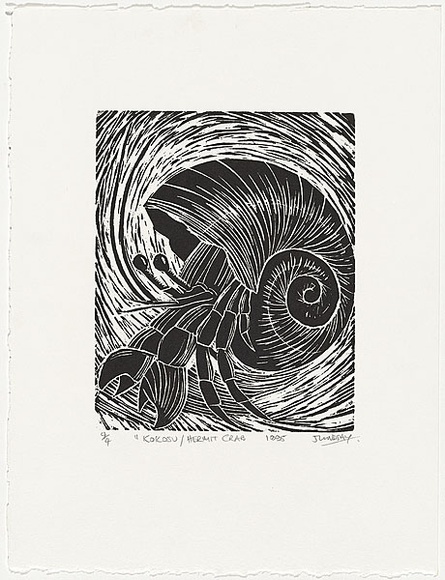 Artist: b'Lindsay (Sale), Joe.' | Title: b'Kokosu / Hermit crab' | Date: 1995 | Technique: b'woodcut, printed in black ink, from one block' Artist: b'Lindsay (Sale), Joe.' | Title: b'Kokosu / Hermit crab' | Date: 1995 | Technique: b'woodcut, printed in black ink, from one block'