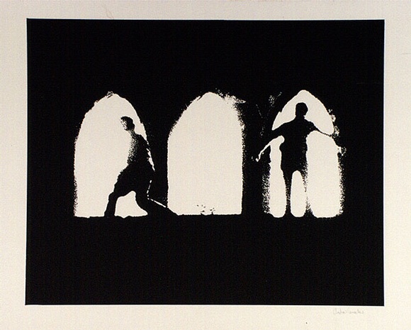 Artist: b'Conacher, Andrew.' | Title: b'(Poster of two figures in archways).' | Date: c.1974 | Technique: b'screenprint, printed in black ink, from one stencil' Artist: b'Conacher, Andrew.' | Title: b'(Poster of two figures in archways).' | Date: c.1974 | Technique: b'screenprint, printed in black ink, from one stencil'