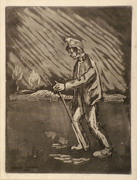 Artist: b'de Kesler, Thomas.' | Title: b'Going home.' | Date: 1959 | Technique: b'aquatint and drypoint, printed in brown ink with plate-tone, from one plate' | Copyright: b'\xc2\xa9 Thomas de Kessler' Artist: b'de Kesler, Thomas.' | Title: b'Going home.' | Date: 1959 | Technique: b'aquatint and drypoint, printed in brown ink with plate-tone, from one plate' | Copyright: b'\xc2\xa9 Thomas de Kessler'