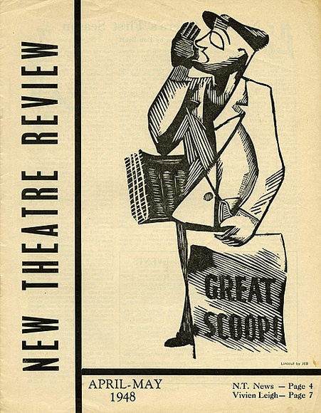 Title: b'New theatre review: April-May 1948' | Date: March 1948 | Technique: b'linocut, printed in black ink, from one block; letterpress text' Title: b'New theatre review: April-May 1948' | Date: March 1948 | Technique: b'linocut, printed in black ink, from one block; letterpress text'