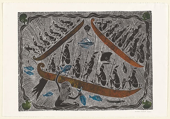 Artist: b'UNKNOWN' | Title: b'(Woman welding)' | Date: c.1978 | Technique: b'linocut, printed in colour, from one block'