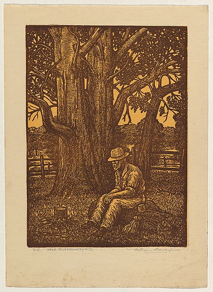 Artist: b'Davey, William J.' | Title: b'The sundowner' | Date: 1930s | Technique: b'wood-engraving, printed in brown and yellow ink, from two blocks' Artist: b'Davey, William J.' | Title: b'The sundowner' | Date: 1930s | Technique: b'wood-engraving, printed in brown and yellow ink, from two blocks'