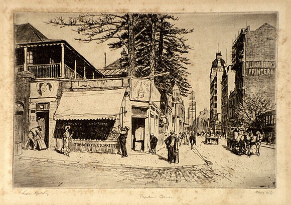 Artist: b'LINDSAY, Lionel' | Title: bBowden's corner, in Castlereagh Street | Date: 1925 | Technique: b'etching and aquatint, printed in black ink with plate-tone, from one copper plate' | Copyright: b'Courtesy of the National Library of Australia' Artist: b'LINDSAY, Lionel' | Title: bBowden's corner, in Castlereagh Street | Date: 1925 | Technique: b'etching and aquatint, printed in black ink with plate-tone, from one copper plate' | Copyright: b'Courtesy of the National Library of Australia'