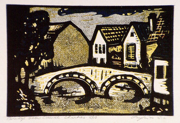 Artist: b'Taylor, John H.' | Title: b'Bridge over canal, Chartres' | Date: 1974 | Technique: b'linocut, printed in colour, from four blocks' Artist: b'Taylor, John H.' | Title: b'Bridge over canal, Chartres' | Date: 1974 | Technique: b'linocut, printed in colour, from four blocks'