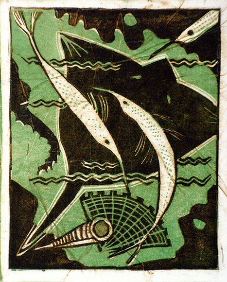 Artist: b'Syme, Eveline' | Title: b'Fish pattern' | Date: 1958 | Technique: b'linocut, printed in colour, from two blocks (emerald green, brown)' Artist: b'Syme, Eveline' | Title: b'Fish pattern' | Date: 1958 | Technique: b'linocut, printed in colour, from two blocks (emerald green, brown)'