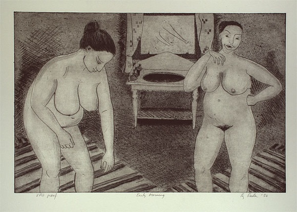 Artist: b'Loder, Liz.' | Title: b'Early morning' | Date: 1984 | Technique: b'soft ground and hardground-etching, aquatint and drypoint, printed in black ink with plate-tone, from one plate' Artist: b'Loder, Liz.' | Title: b'Early morning' | Date: 1984 | Technique: b'soft ground and hardground-etching, aquatint and drypoint, printed in black ink with plate-tone, from one plate'
