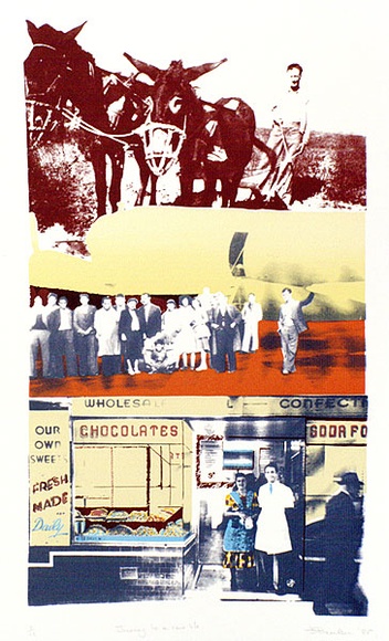 Artist: b'Pavlou, Julie.' | Title: b'Journey to a new life' | Date: 1985 | Technique: b'screenprint, printed in colour, from multiple stencils' Artist: b'Pavlou, Julie.' | Title: b'Journey to a new life' | Date: 1985 | Technique: b'screenprint, printed in colour, from multiple stencils'