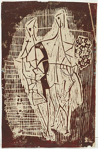 Artist: b'Kane, Julius.' | Title: b'Two figures' | Date: (1958) | Technique: b'linocut, printed in brown ink, from one block' Artist: b'Kane, Julius.' | Title: b'Two figures' | Date: (1958) | Technique: b'linocut, printed in brown ink, from one block'