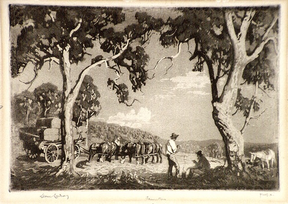 Artist: b'LINDSAY, Lionel' | Title: b'Teamsters' | Date: 1923 | Technique: b'aquatint and roulette, printed in black ink, from one plate' | Copyright: b'Courtesy of the National Library of Australia' Artist: b'LINDSAY, Lionel' | Title: b'Teamsters' | Date: 1923 | Technique: b'aquatint and roulette, printed in black ink, from one plate' | Copyright: b'Courtesy of the National Library of Australia'