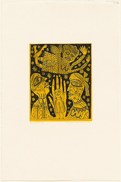 Artist: b'HANRAHAN, Barbara' | Title: b'Generations' | Date: 1991 | Technique: b'etching, printed in colour from two plates' Artist: b'HANRAHAN, Barbara' | Title: b'Generations' | Date: 1991 | Technique: b'etching, printed in colour from two plates'