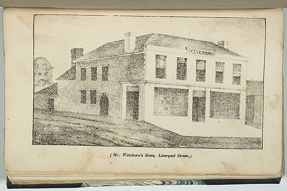 Title: bMr Watchorn's store, Liverpool street. | Date: 1834 | Technique: b'lithograph, printed in black ink, from one stone' Title: bMr Watchorn's store, Liverpool street. | Date: 1834 | Technique: b'lithograph, printed in black ink, from one stone'