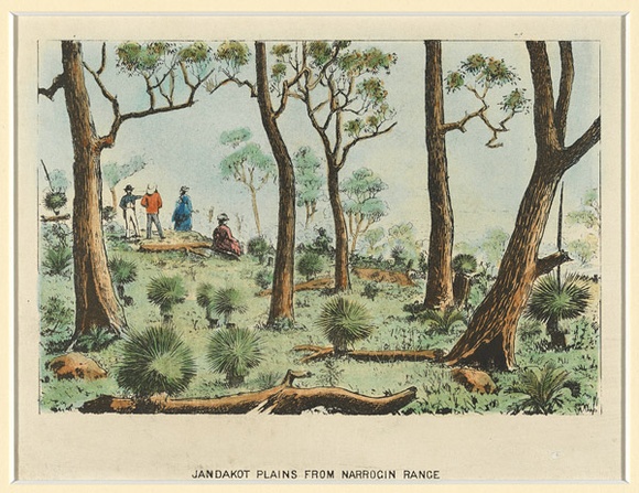 Title: b'Jandakot Plains from Narrogin Range' | Date: 1880 | Technique: b'lithograph, printed in black ink, from one stone; hand-coloured at a later date' Title: b'Jandakot Plains from Narrogin Range' | Date: 1880 | Technique: b'lithograph, printed in black ink, from one stone; hand-coloured at a later date'