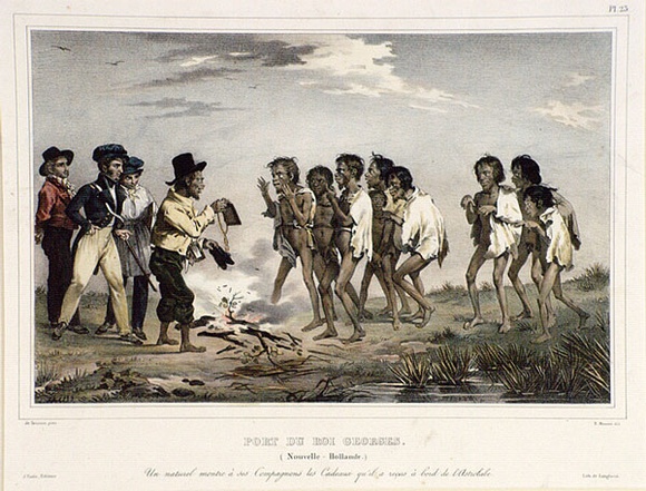 Artist: b'Sainson, Louis de.' | Title: bPort du Roi Georges. Nouvelle-Hollande. Un naturel montre a ses Compagnons les Cadeaux qu'elil a recus a bord de L'Astrolabe. (St George's Sound. New Holland- a native showing his companions the presents received on board the Astrolabe.) | Date: 1833 | Technique: b'lithograph, printed in black ink, from one stone; hand-coloured' Artist: b'Sainson, Louis de.' | Title: bPort du Roi Georges. Nouvelle-Hollande. Un naturel montre a ses Compagnons les Cadeaux qu'elil a recus a bord de L'Astrolabe. (St George's Sound. New Holland- a native showing his companions the presents received on board the Astrolabe.) | Date: 1833 | Technique: b'lithograph, printed in black ink, from one stone; hand-coloured'