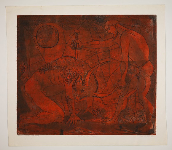 Artist: b'Haxton, Elaine' | Title: b'Death of minotaur' | Date: 1967 | Technique: b'etching, drypoint and aquatint, printed in colour, intaglio and relief from one plate' Artist: b'Haxton, Elaine' | Title: b'Death of minotaur' | Date: 1967 | Technique: b'etching, drypoint and aquatint, printed in colour, intaglio and relief from one plate'