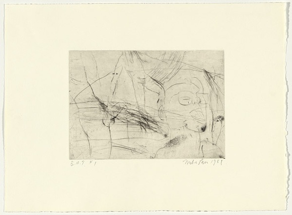 Artist: b'PARR, Mike' | Title: b'Gun into vanishing point 1' | Date: 1988-89 | Technique: b'drypoint and foul biting, printed in black ink, from one copper plate' Artist: b'PARR, Mike' | Title: b'Gun into vanishing point 1' | Date: 1988-89 | Technique: b'drypoint and foul biting, printed in black ink, from one copper plate'
