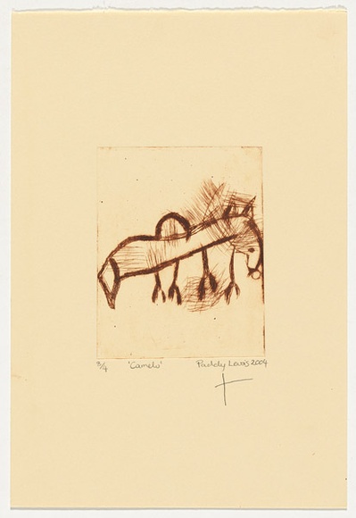 Artist: b'Japanangka Lewis, Paddy.' | Title: b'Camelu' | Date: 2004 | Technique: b'drypoint etching, printed in brown ink, from one perspex plate' Artist: b'Japanangka Lewis, Paddy.' | Title: b'Camelu' | Date: 2004 | Technique: b'drypoint etching, printed in brown ink, from one perspex plate'