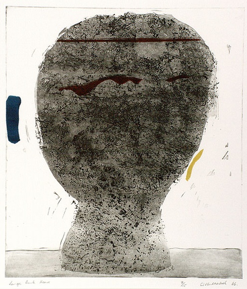 Artist: b'Clutterbuck, Jock.' | Title: b'Large dark head.' | Date: 1966 | Technique: b'etching and aquatint, printed in colour, from multiple plates' Artist: b'Clutterbuck, Jock.' | Title: b'Large dark head.' | Date: 1966 | Technique: b'etching and aquatint, printed in colour, from multiple plates'