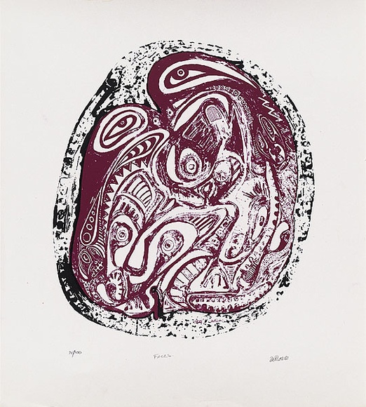 Artist: b'Lasisi, David.' | Title: b'Faces' | Date: 1976 | Technique: b'screenprint, printed in colour, from two stencils' Artist: b'Lasisi, David.' | Title: b'Faces' | Date: 1976 | Technique: b'screenprint, printed in colour, from two stencils'