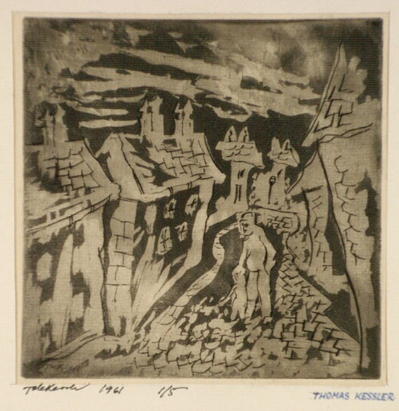 Artist: b'de Kesler, Thomas.' | Title: b'Father and son on the street.' | Date: 1961 | Technique: b'aquatint and drypoint, printed in black ink with plate-tone, from one plate' | Copyright: b'\xc2\xa9 Thomas de Kessler' Artist: b'de Kesler, Thomas.' | Title: b'Father and son on the street.' | Date: 1961 | Technique: b'aquatint and drypoint, printed in black ink with plate-tone, from one plate' | Copyright: b'\xc2\xa9 Thomas de Kessler'
