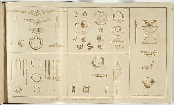 Title: b'Ornaments and implements of gold found in old Indian tombs, Andes region, Antioquia, South America.' | Date: 1860 | Technique: b'lithograph, printed in gold ink, from one stone' Title: b'Ornaments and implements of gold found in old Indian tombs, Andes region, Antioquia, South America.' | Date: 1860 | Technique: b'lithograph, printed in gold ink, from one stone'