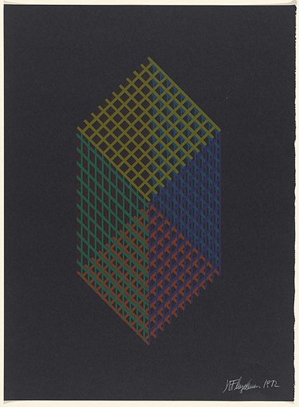 Artist: b'Flugelman, Bert.' | Title: b'(Cube in mesh).' | Date: 1972 | Technique: b'screenprint, printed in colour, from six stencils' | Copyright: b'\xc2\xa9 Bert Flugelman' Artist: b'Flugelman, Bert.' | Title: b'(Cube in mesh).' | Date: 1972 | Technique: b'screenprint, printed in colour, from six stencils' | Copyright: b'\xc2\xa9 Bert Flugelman'