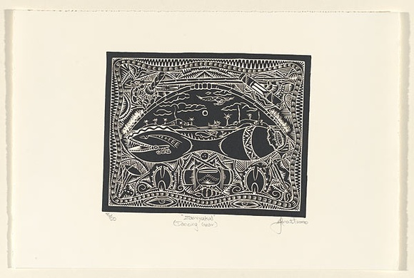 Artist: b'MAST, Robert' | Title: b'Zamiyakal (Dancing Gear)' | Date: 2000 | Technique: b'linocut, printed in black ink, from one block' Artist: b'MAST, Robert' | Title: b'Zamiyakal (Dancing Gear)' | Date: 2000 | Technique: b'linocut, printed in black ink, from one block'