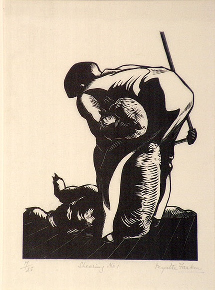 Artist: b'Fasken, Myrtle.' | Title: b'Shearing No.1.' | Date: (1929) | Technique: b'wood-engraving, printed in black ink, from one block' | Copyright: b'\xc2\xa9 The Estate of Myrtle Fasken' Artist: b'Fasken, Myrtle.' | Title: b'Shearing No.1.' | Date: (1929) | Technique: b'wood-engraving, printed in black ink, from one block' | Copyright: b'\xc2\xa9 The Estate of Myrtle Fasken'