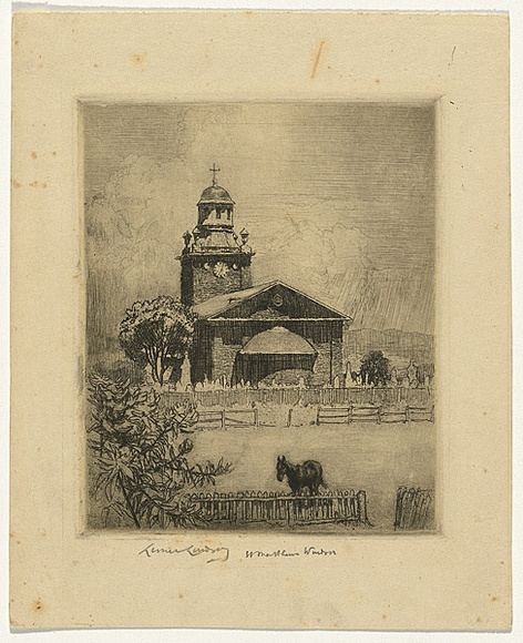 Artist: b'LINDSAY, Lionel' | Title: bSt Matthew's Church, Windsor, from the Rectory. | Date: 1918 | Technique: b'etching, aquatint, drypoint and burnishing, printed in black ink with plate-tone, from one plate' | Copyright: b'Courtesy of the National Library of Australia' Artist: b'LINDSAY, Lionel' | Title: bSt Matthew's Church, Windsor, from the Rectory. | Date: 1918 | Technique: b'etching, aquatint, drypoint and burnishing, printed in black ink with plate-tone, from one plate' | Copyright: b'Courtesy of the National Library of Australia'