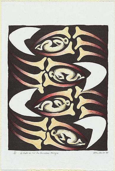 Artist: b'Hovell, John.' | Title: b'E hoki te iwi ko tomatau Kainga' | Date: 1988 | Technique: b'lithograph, printed in colour, from multiple stones' Artist: b'Hovell, John.' | Title: b'E hoki te iwi ko tomatau Kainga' | Date: 1988 | Technique: b'lithograph, printed in colour, from multiple stones'