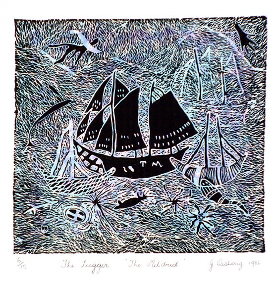 Artist: b'JENUARRIE' | Title: bThe lugger 'The Mildred' | Date: 1986 | Technique: b'linocut, printed in black ink, from one block; hand-coloured,' Artist: b'JENUARRIE' | Title: bThe lugger 'The Mildred' | Date: 1986 | Technique: b'linocut, printed in black ink, from one block; hand-coloured,'