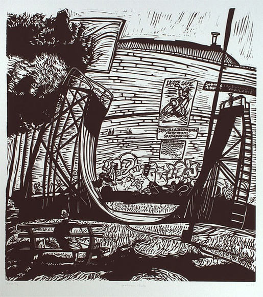 Artist: b'Mourtzios, Debbie.' | Title: b'Prahran, skate' | Date: 1998, June | Technique: b'linocut, printed in black ink, from one block' | Copyright: b'\xc2\xa9 Debbie Mourtzios' Artist: b'Mourtzios, Debbie.' | Title: b'Prahran, skate' | Date: 1998, June | Technique: b'linocut, printed in black ink, from one block' | Copyright: b'\xc2\xa9 Debbie Mourtzios'