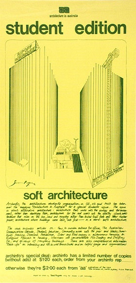 Artist: b'Rogues, Tenal.' | Title: b'Student edition, soft architecture' | Date: 1975 | Technique: b'screenprint, printed in colour, from multiple stencils' Artist: b'Rogues, Tenal.' | Title: b'Student edition, soft architecture' | Date: 1975 | Technique: b'screenprint, printed in colour, from multiple stencils'
