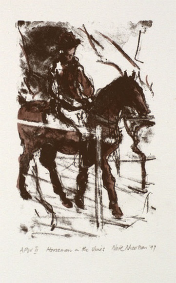 Artist: b'NICOLSON, Noel' | Title: b'Horseman in the vines' | Date: 1997, July | Technique: b'lithograph, printed in black ink, from one stone; hand-coloured' Artist: b'NICOLSON, Noel' | Title: b'Horseman in the vines' | Date: 1997, July | Technique: b'lithograph, printed in black ink, from one stone; hand-coloured'