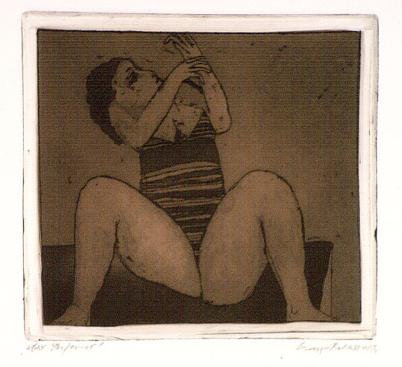 Artist: b'BALDESSIN, George' | Title: b'Performer.' | Date: 1973 | Technique: b'etching and aquatint, printed in black ink, from one plate; over stencil, printed in brown ink, from one stencil.' Artist: b'BALDESSIN, George' | Title: b'Performer.' | Date: 1973 | Technique: b'etching and aquatint, printed in black ink, from one plate; over stencil, printed in brown ink, from one stencil.'