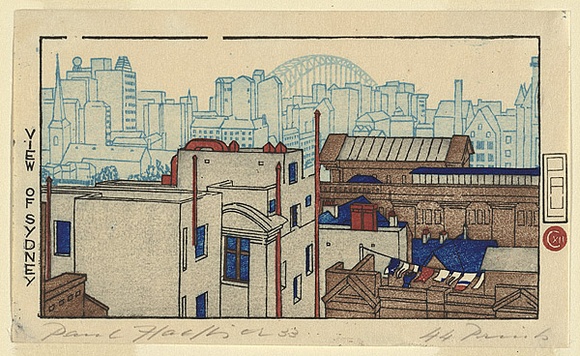 Artist: b'Haefliger, Paul.' | Title: b'View of Sydney' | Date: 1933 | Technique: b'woodcut, printed in colour, from multiple blocks' Artist: b'Haefliger, Paul.' | Title: b'View of Sydney' | Date: 1933 | Technique: b'woodcut, printed in colour, from multiple blocks'