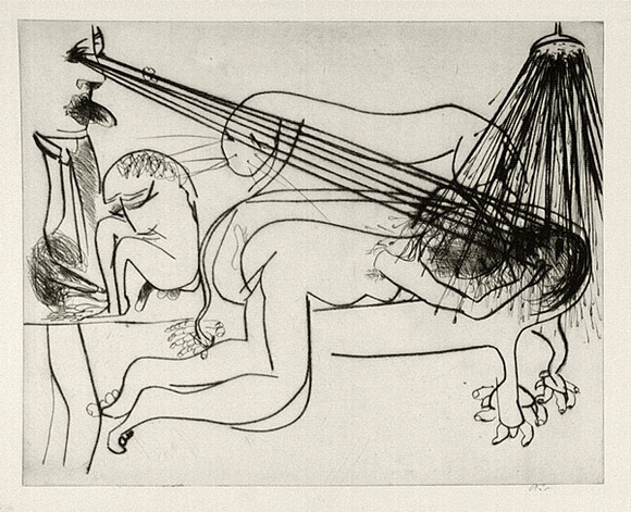 Artist: b'BOYD, Arthur' | Title: b'Hypnotist with nude, bath and beast.' | Date: (1968-69) | Technique: b'drypoint, printed in black ink, from one plate' | Copyright: b'Reproduced with permission of Bundanon Trust' Artist: b'BOYD, Arthur' | Title: b'Hypnotist with nude, bath and beast.' | Date: (1968-69) | Technique: b'drypoint, printed in black ink, from one plate' | Copyright: b'Reproduced with permission of Bundanon Trust'