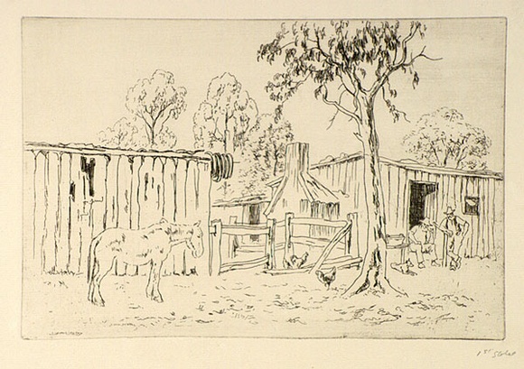 Artist: b'LINDSAY, Lionel' | Title: b'Sunday' | Date: 1950s | Technique: b'etching, printed in black ink, from one plate' | Copyright: b'Courtesy of the National Library of Australia' Artist: b'LINDSAY, Lionel' | Title: b'Sunday' | Date: 1950s | Technique: b'etching, printed in black ink, from one plate' | Copyright: b'Courtesy of the National Library of Australia'