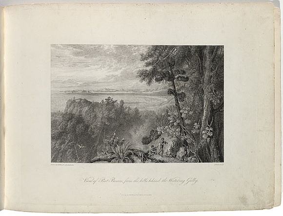 Title: b'View of Port Bowen, from the hills behind the Watering Gully.' | Date: 1814 | Technique: b'engraving, printed in black ink, from one copper plate' Title: b'View of Port Bowen, from the hills behind the Watering Gully.' | Date: 1814 | Technique: b'engraving, printed in black ink, from one copper plate'