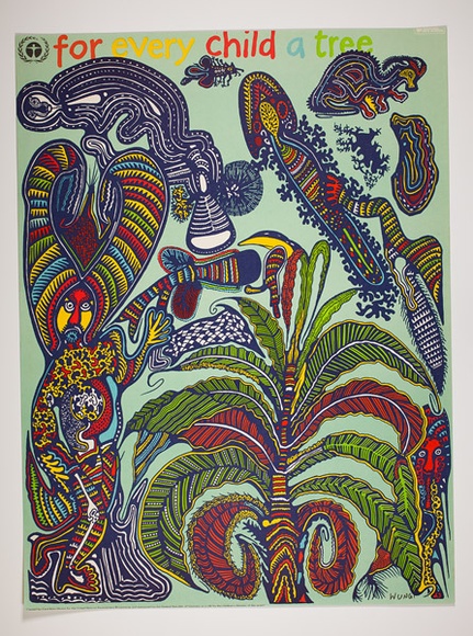 Artist: b'Wungi, Cecil King.' | Title: b'For every child a tree' | Date: c.1981 | Technique: b'offset-lithograph, printed in colour, from multiple plates' Artist: b'Wungi, Cecil King.' | Title: b'For every child a tree' | Date: c.1981 | Technique: b'offset-lithograph, printed in colour, from multiple plates'