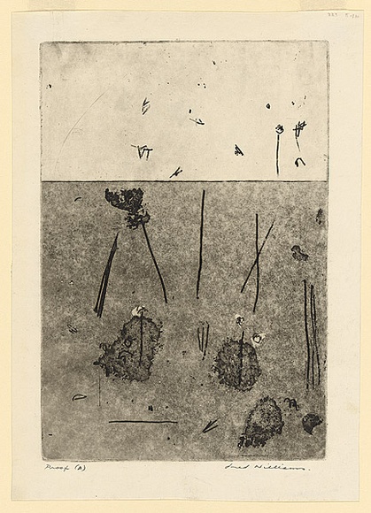 Artist: b'WILLIAMS, Fred' | Title: b'Gum trees in landscape, Lysterfield' | Date: 1965-66 | Technique: b'etching, sugar aquatint, engraving, drypoint, open biting, printed in black ink, from one copper plate' | Copyright: b'\xc2\xa9 Fred Williams Estate' Artist: b'WILLIAMS, Fred' | Title: b'Gum trees in landscape, Lysterfield' | Date: 1965-66 | Technique: b'etching, sugar aquatint, engraving, drypoint, open biting, printed in black ink, from one copper plate' | Copyright: b'\xc2\xa9 Fred Williams Estate'