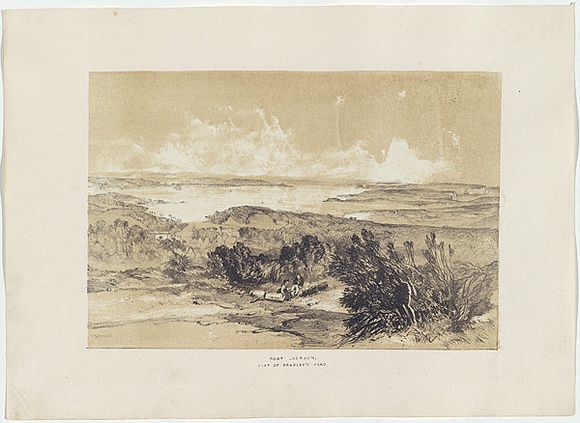 Artist: b'PROUT, John Skinner' | Title: bPort Jackson, east of Bradley's Head | Date: 1842 | Technique: b'lithograph, printed in colour, from two stones (black and brown tint stone)' Artist: b'PROUT, John Skinner' | Title: bPort Jackson, east of Bradley's Head | Date: 1842 | Technique: b'lithograph, printed in colour, from two stones (black and brown tint stone)'
