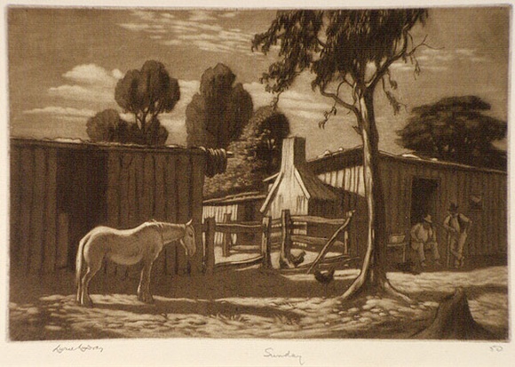 Artist: b'LINDSAY, Lionel' | Title: b'Sunday' | Date: 1950s | Technique: b'mezzotint and etching, printed in brown ink, from one plate' | Copyright: b'Courtesy of the National Library of Australia' Artist: b'LINDSAY, Lionel' | Title: b'Sunday' | Date: 1950s | Technique: b'mezzotint and etching, printed in brown ink, from one plate' | Copyright: b'Courtesy of the National Library of Australia'