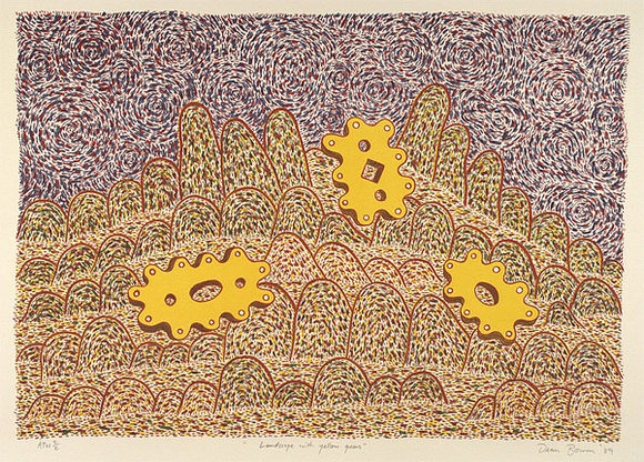 Artist: b'Bowen, Dean.' | Title: b'Landscape with yellow gears' | Date: 1989 | Technique: b'lithograph, printed in colour, from multiple stones' Artist: b'Bowen, Dean.' | Title: b'Landscape with yellow gears' | Date: 1989 | Technique: b'lithograph, printed in colour, from multiple stones'