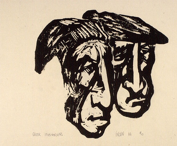 Artist: b'Lincoln, Kevin.' | Title: b'Greek iron workers' | Date: 1966 | Technique: b'woodcut, printed in black ink, from one block' | Copyright: b'\xc2\xa9 Kevin Lincoln. Licensed by VISCOPY, Australia' Artist: b'Lincoln, Kevin.' | Title: b'Greek iron workers' | Date: 1966 | Technique: b'woodcut, printed in black ink, from one block' | Copyright: b'\xc2\xa9 Kevin Lincoln. Licensed by VISCOPY, Australia'