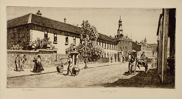 Artist: b'LINDSAY, Lionel' | Title: b'The old Commissariat Office, Lower George Street' | Date: 1938 | Technique: b'etching, printed in warm black ink with plate-tone, from one plate' | Copyright: b'Courtesy of the National Library of Australia' Artist: b'LINDSAY, Lionel' | Title: b'The old Commissariat Office, Lower George Street' | Date: 1938 | Technique: b'etching, printed in warm black ink with plate-tone, from one plate' | Copyright: b'Courtesy of the National Library of Australia'