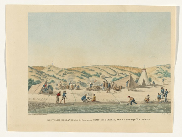 Title: Nouvelle-Hollande, Baie des Chiens marins. Camp de l'Uranie, sur la Presqu'île Péron. [New Holland, Shark Bay. Camp of the Uranie on the Peron Peninsula.] | Date: 1825 | Technique: engraving, printed in black ink, from one copper plate; hand-coloured