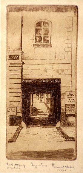 Artist: b'Wallis, Raymond.' | Title: bDyson's lane. | Date: 1921 | Technique: b'etching, printed in brown ink with plate-tone, from one plate' Artist: b'Wallis, Raymond.' | Title: bDyson's lane. | Date: 1921 | Technique: b'etching, printed in brown ink with plate-tone, from one plate'