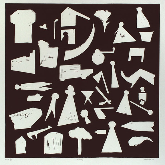 Artist: b'Marshall, John.' | Title: b'Sunday' | Date: 1992, May | Technique: b'linocut, printed in black ink, from one block' Artist: b'Marshall, John.' | Title: b'Sunday' | Date: 1992, May | Technique: b'linocut, printed in black ink, from one block'