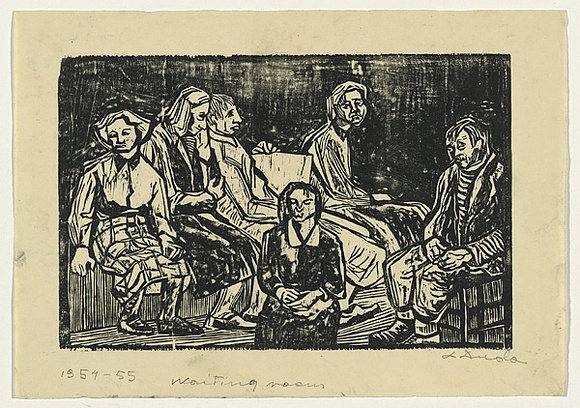Artist: b'Groblicka, Lidia.' | Title: b'The waiting room' | Date: 1954-55 | Technique: b'woodcut, printed in black ink, from one block' Artist: b'Groblicka, Lidia.' | Title: b'The waiting room' | Date: 1954-55 | Technique: b'woodcut, printed in black ink, from one block'