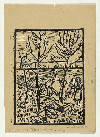 Artist: b'Groblicka, Lidia.' | Title: b'Tour de France' | Date: 1955-56 | Technique: b'woodcut, printed in black ink, from one block' Artist: b'Groblicka, Lidia.' | Title: b'Tour de France' | Date: 1955-56 | Technique: b'woodcut, printed in black ink, from one block'